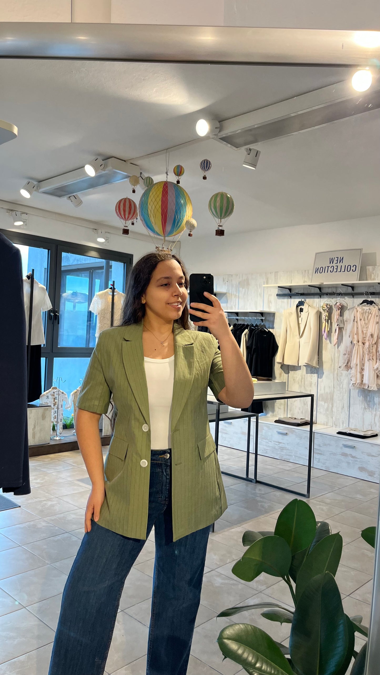 Blazer verde a righe con maniche corte in misto lino - Lumina