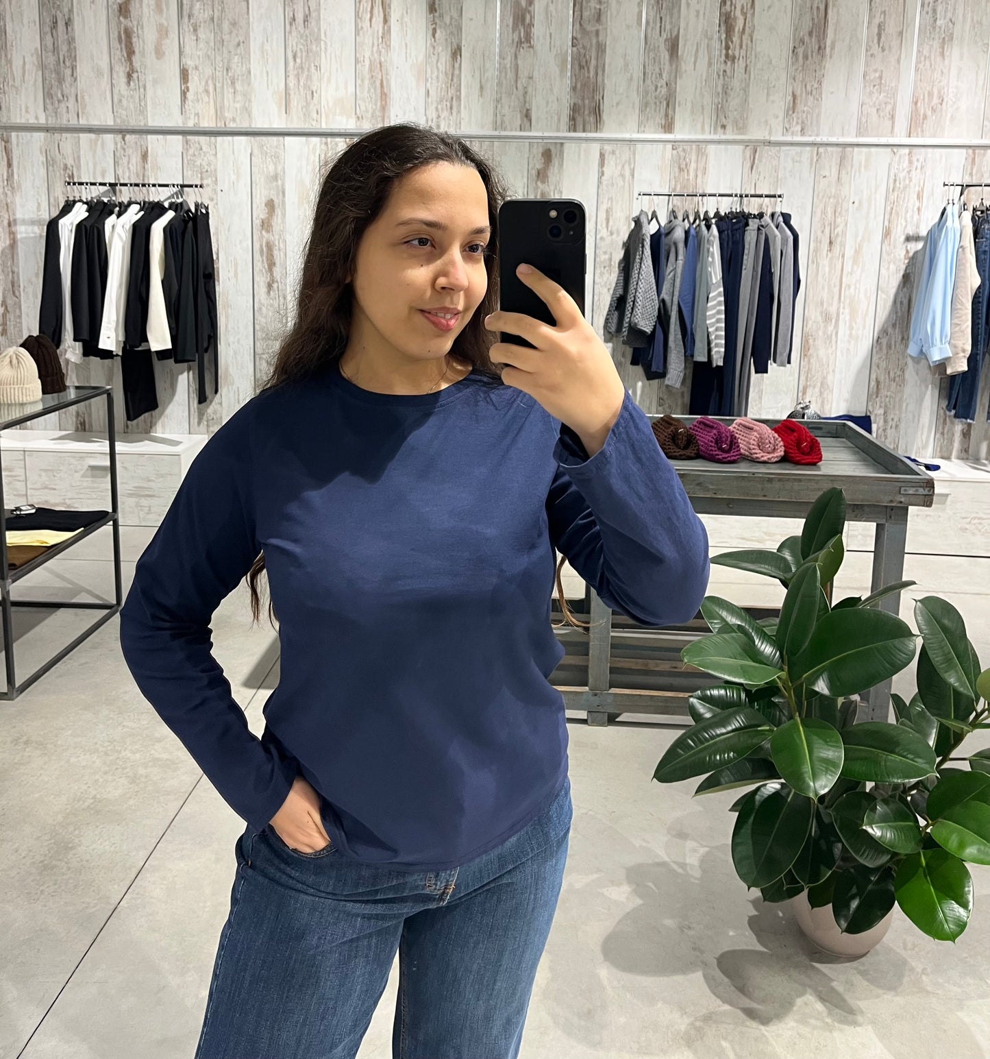 Maglia basica blu in cotone elasticizzato - Altamira Milano