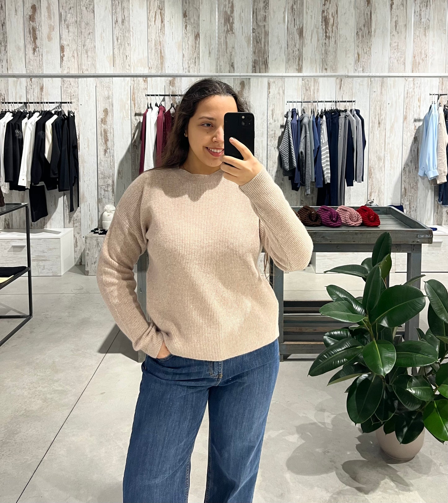 Maglione beige girocollo 100% lana merino extrafina - Altamira Milano