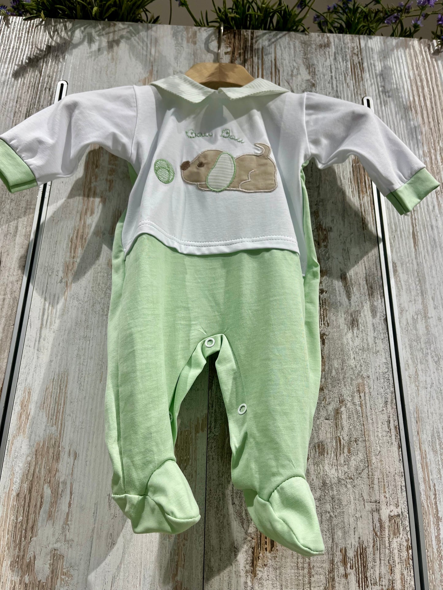 Tutina neonato verde in cotone con cagnolino - Tenerotti