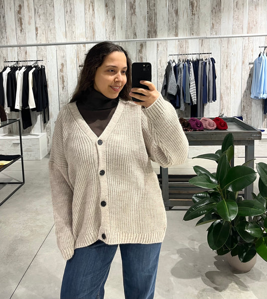 Cardigan sabbia quattro bottoni con foulard - Lumina