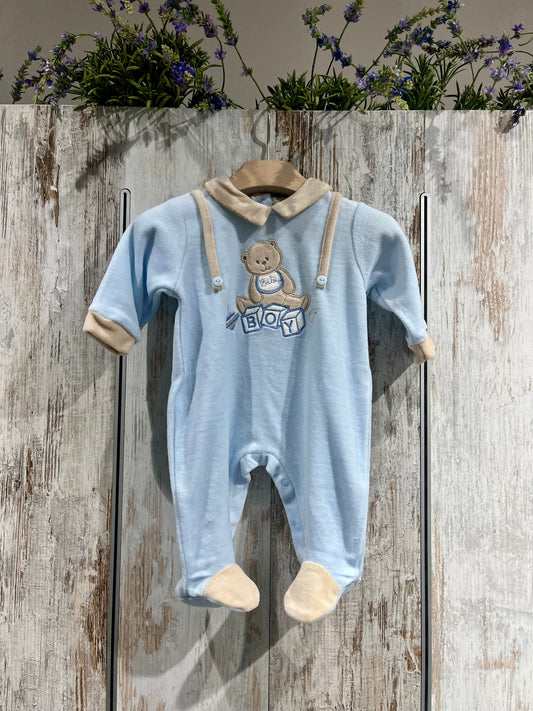 Tutina azzurra in ciniglia con orsetto - I Batuffolini