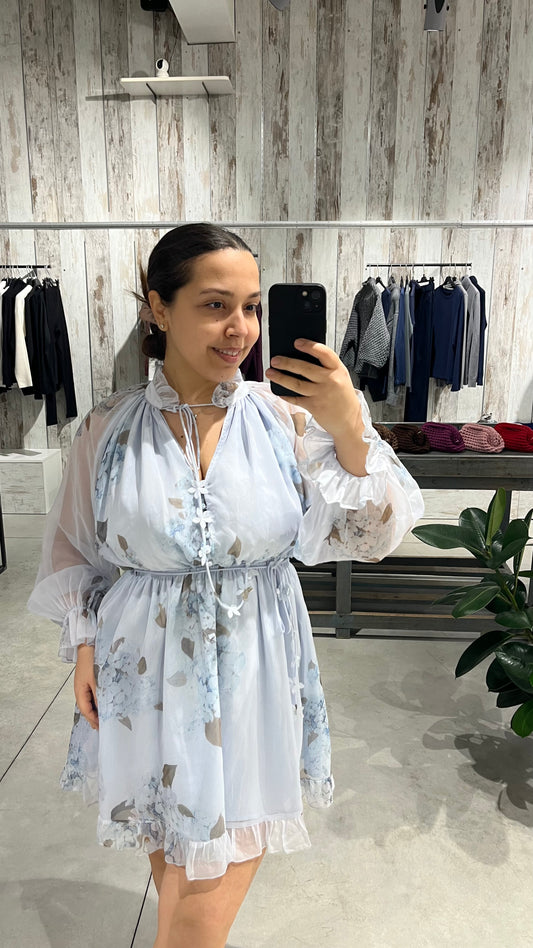 Vestito corto azzurro con fiori - Chance Off