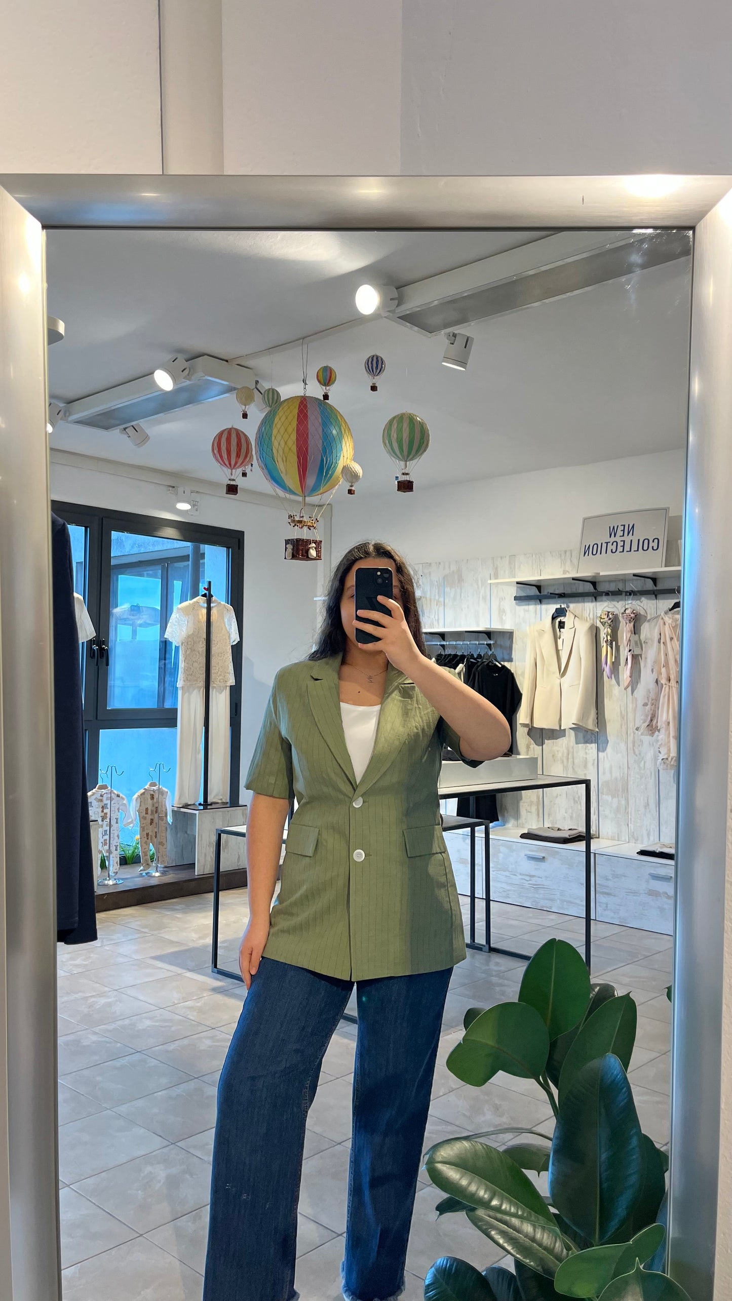 Blazer verde a righe con maniche corte in misto lino - Lumina