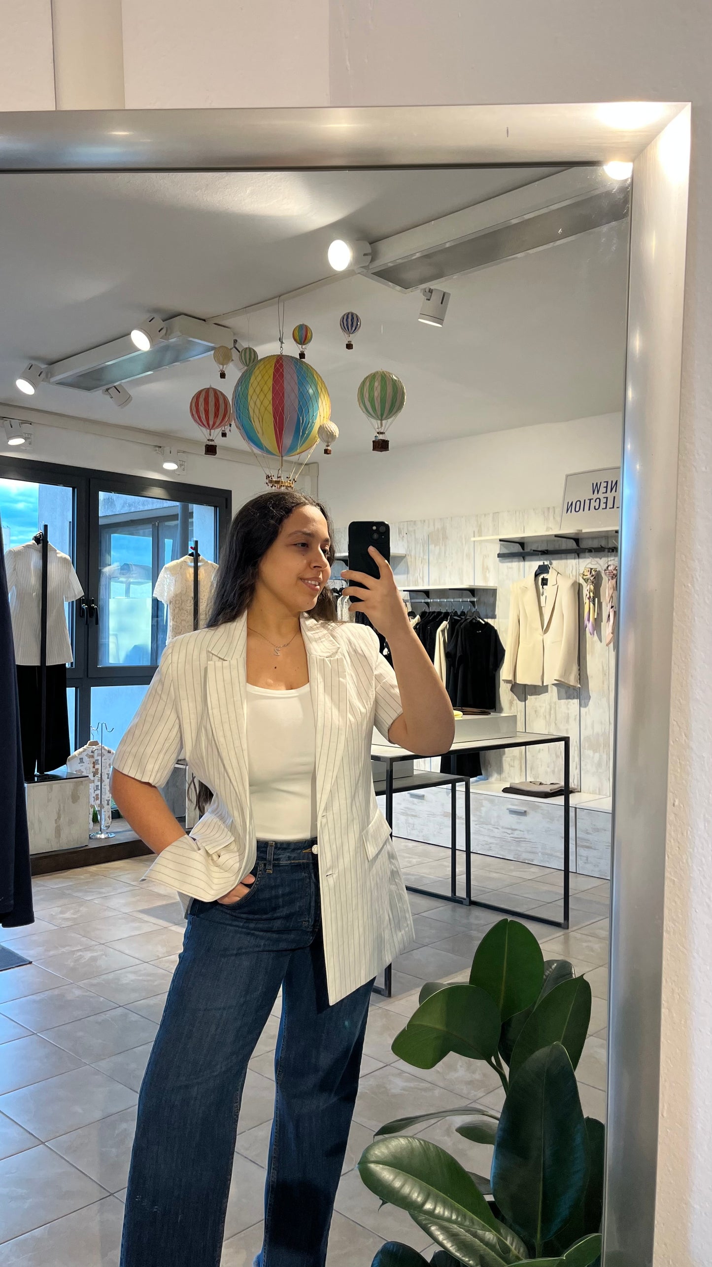 Blazer bianco a righe con maniche corte in misto lino - Lumina