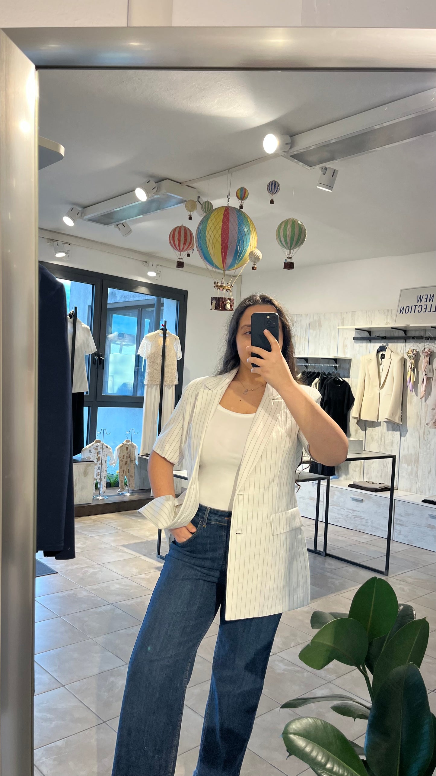 Blazer bianco a righe con maniche corte in misto lino - Lumina