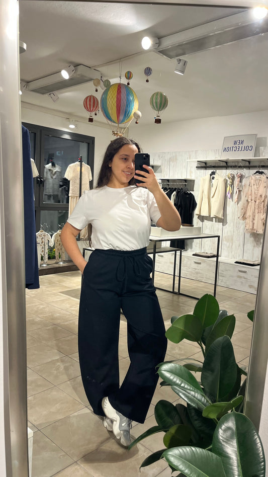Pantaloni tuta neri fluidi in cotone effetto baloon con elastico - Lumina