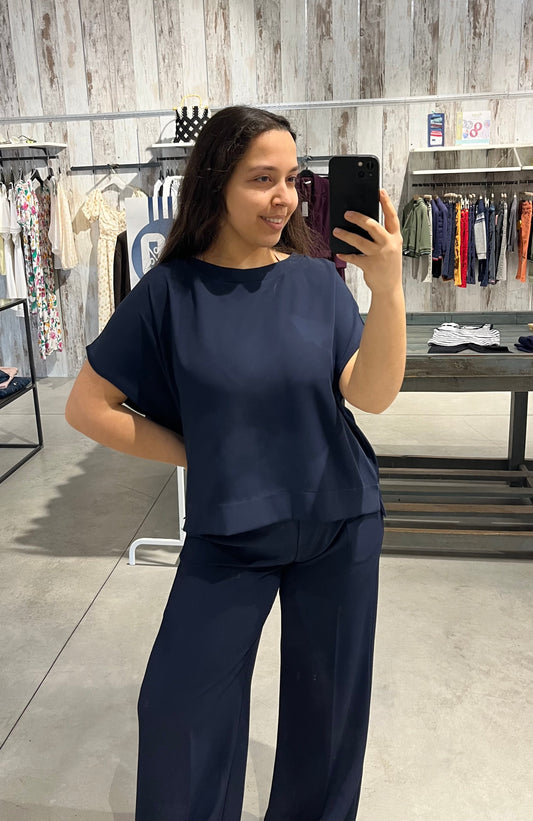 Pantaloni fluidi a palazzo con elastico sul retro blu notte - Altamira Milano