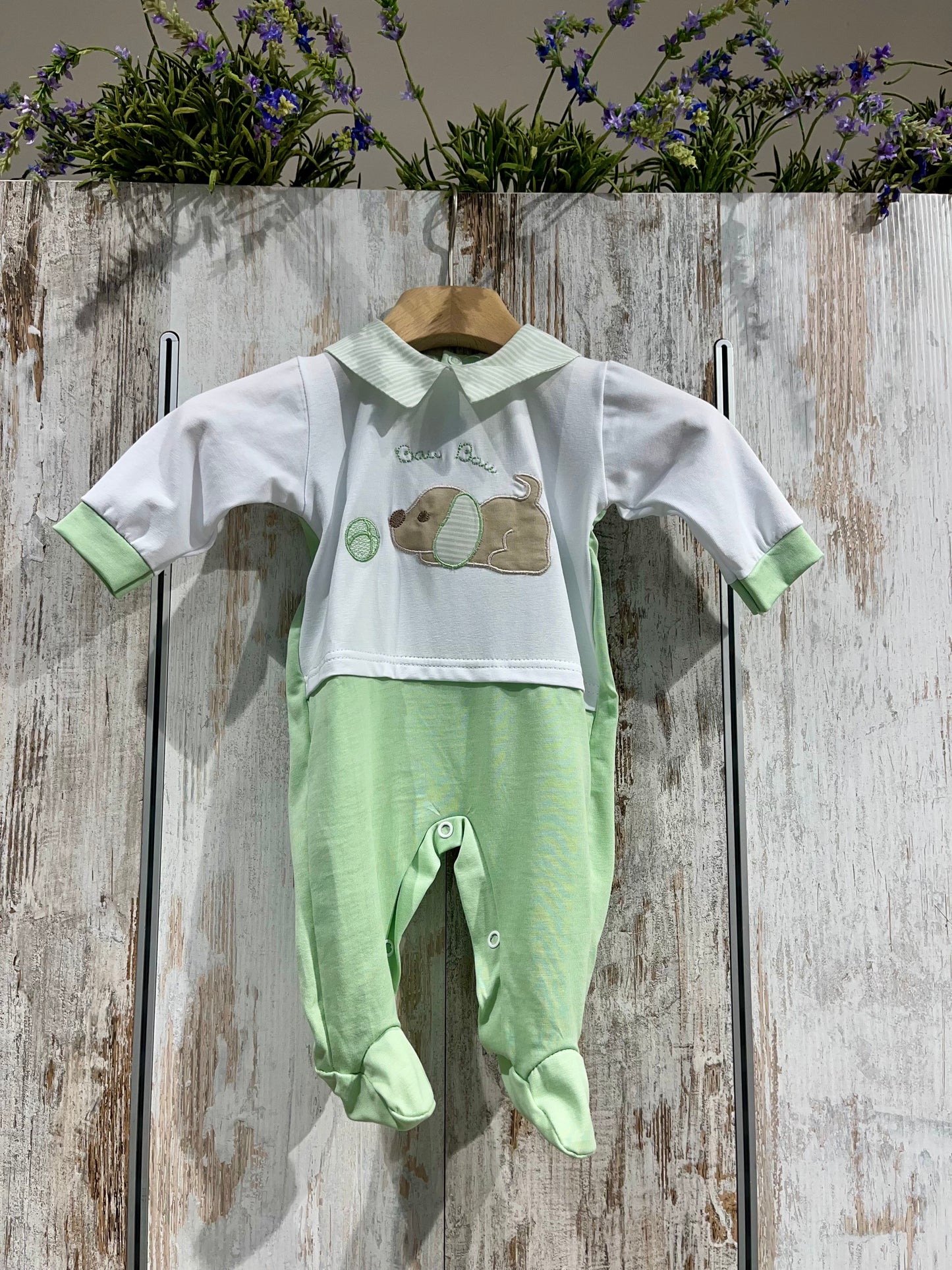 Tutina neonato verde in cotone con cagnolino - Tenerotti