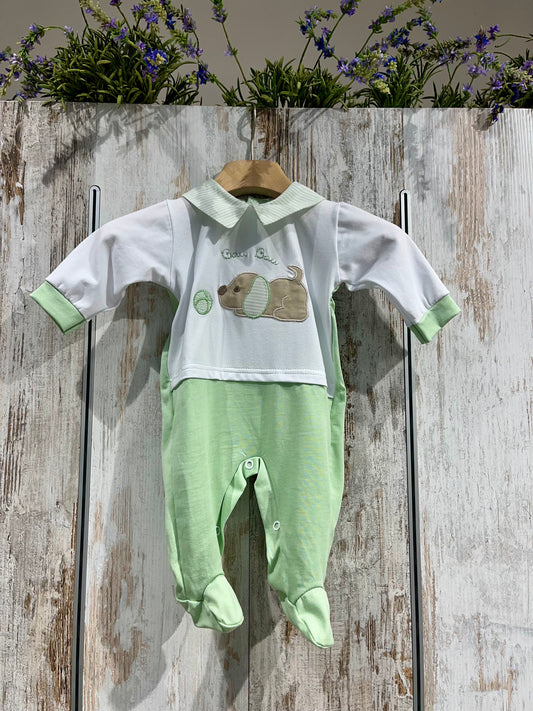 Tutina neonato verde in cotone con cagnolino - Tenerotti