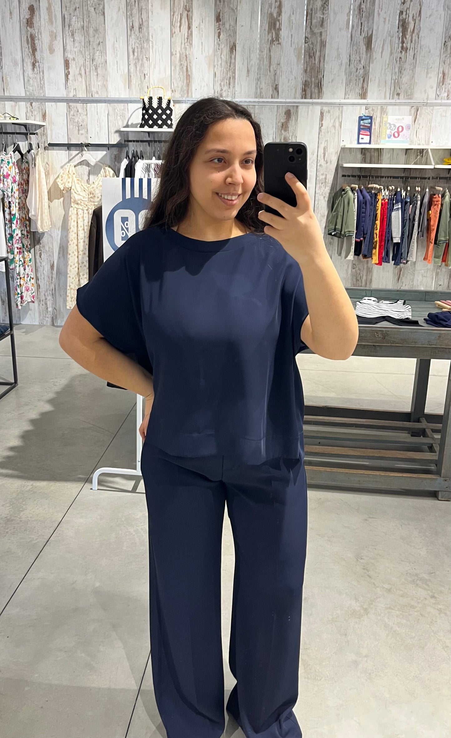 Pantaloni fluidi a palazzo con elastico sul retro blu notte - Altamira Milano