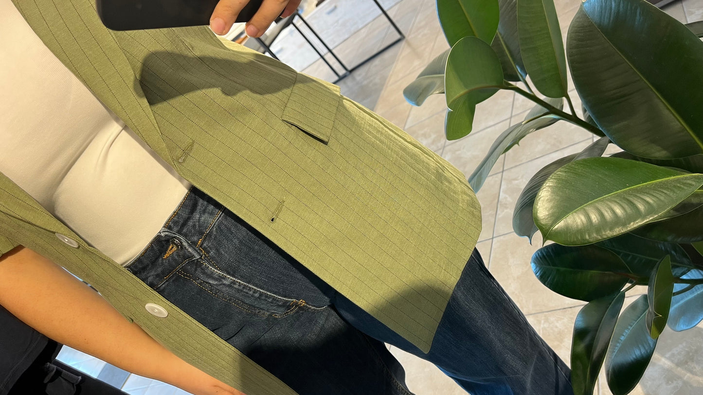 Blazer verde a righe con maniche corte in misto lino - Lumina