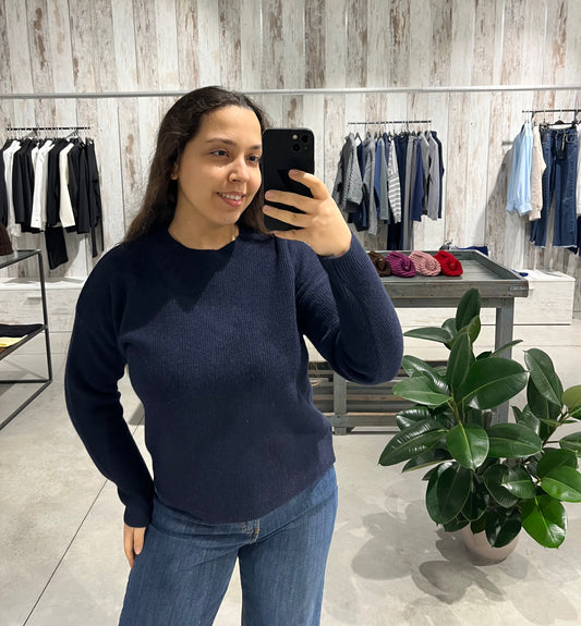 Maglione blu girocollo 100% lana merino extrafina - Altamira Milano