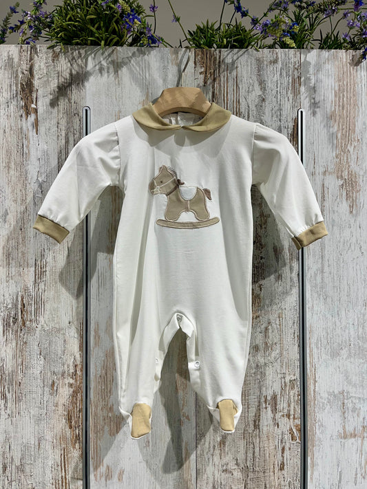 Tutina neonato bianco in cotone con cavalluccio - Tenerotti