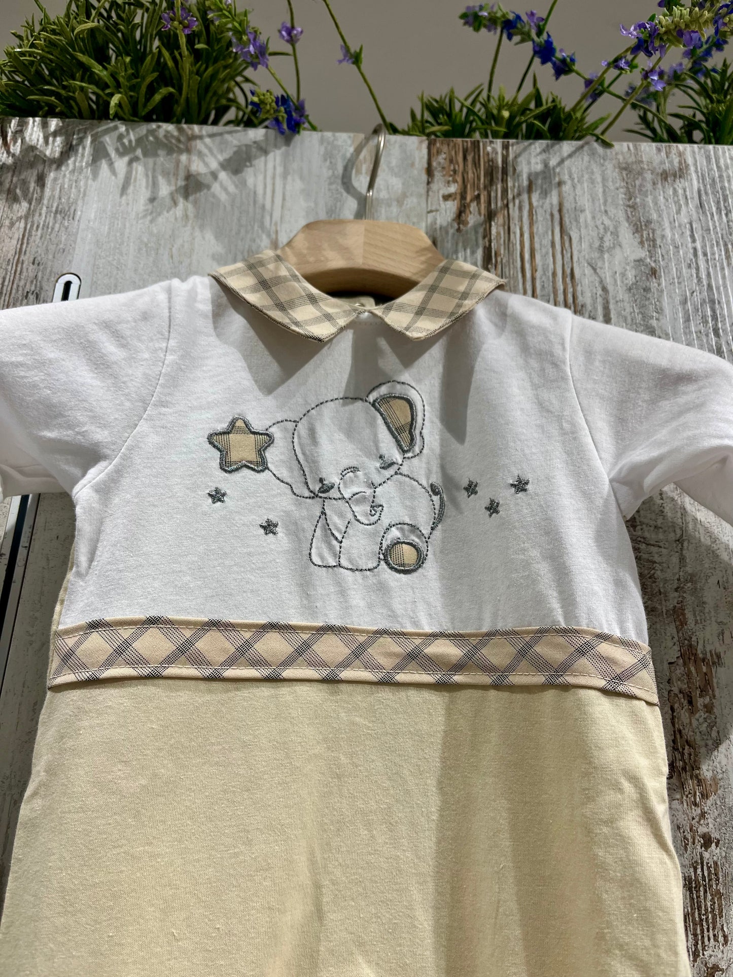Tutina neonata beige in cotone con elefantino - Preziosini