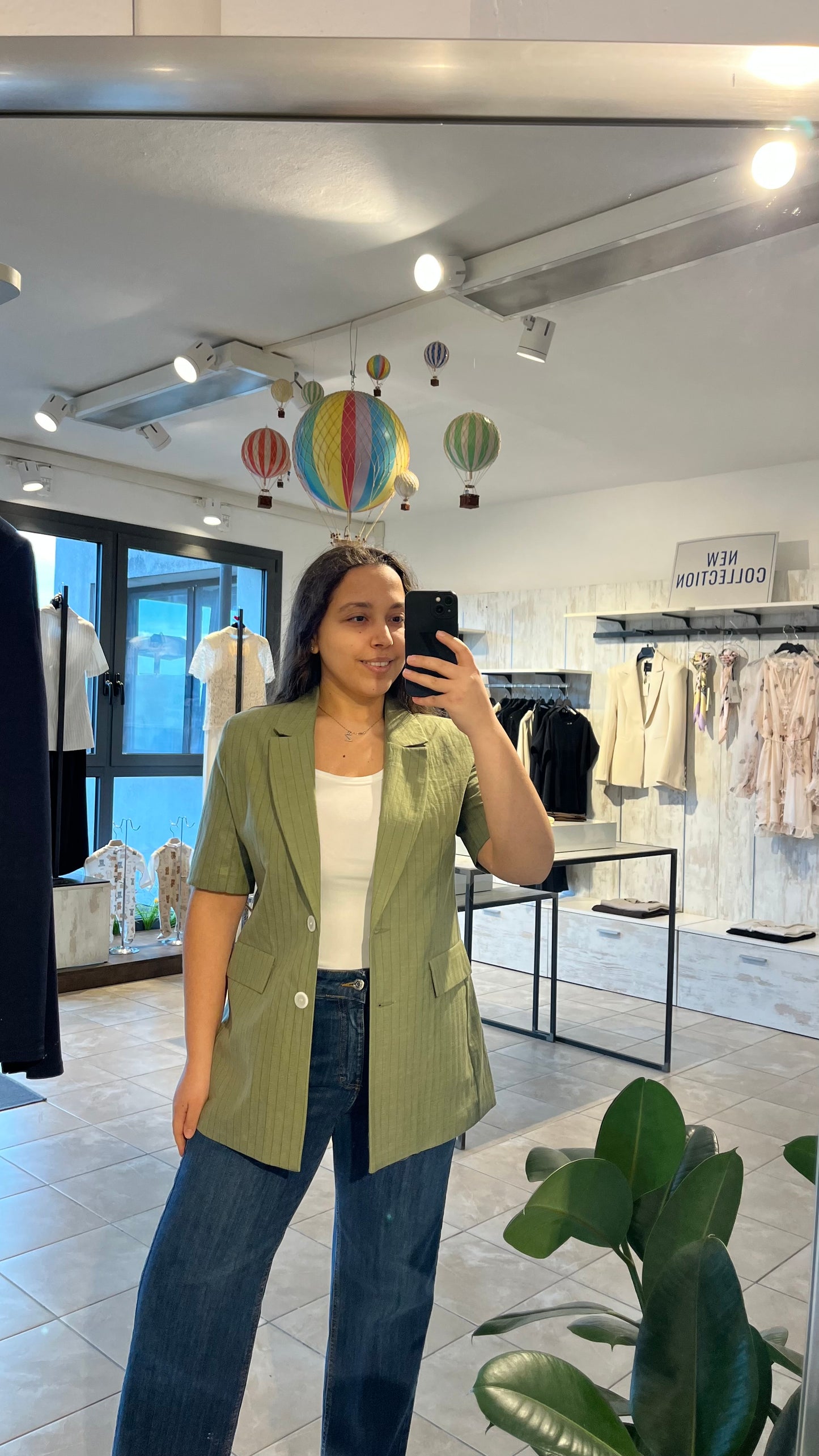 Blazer verde a righe con maniche corte in misto lino - Lumina
