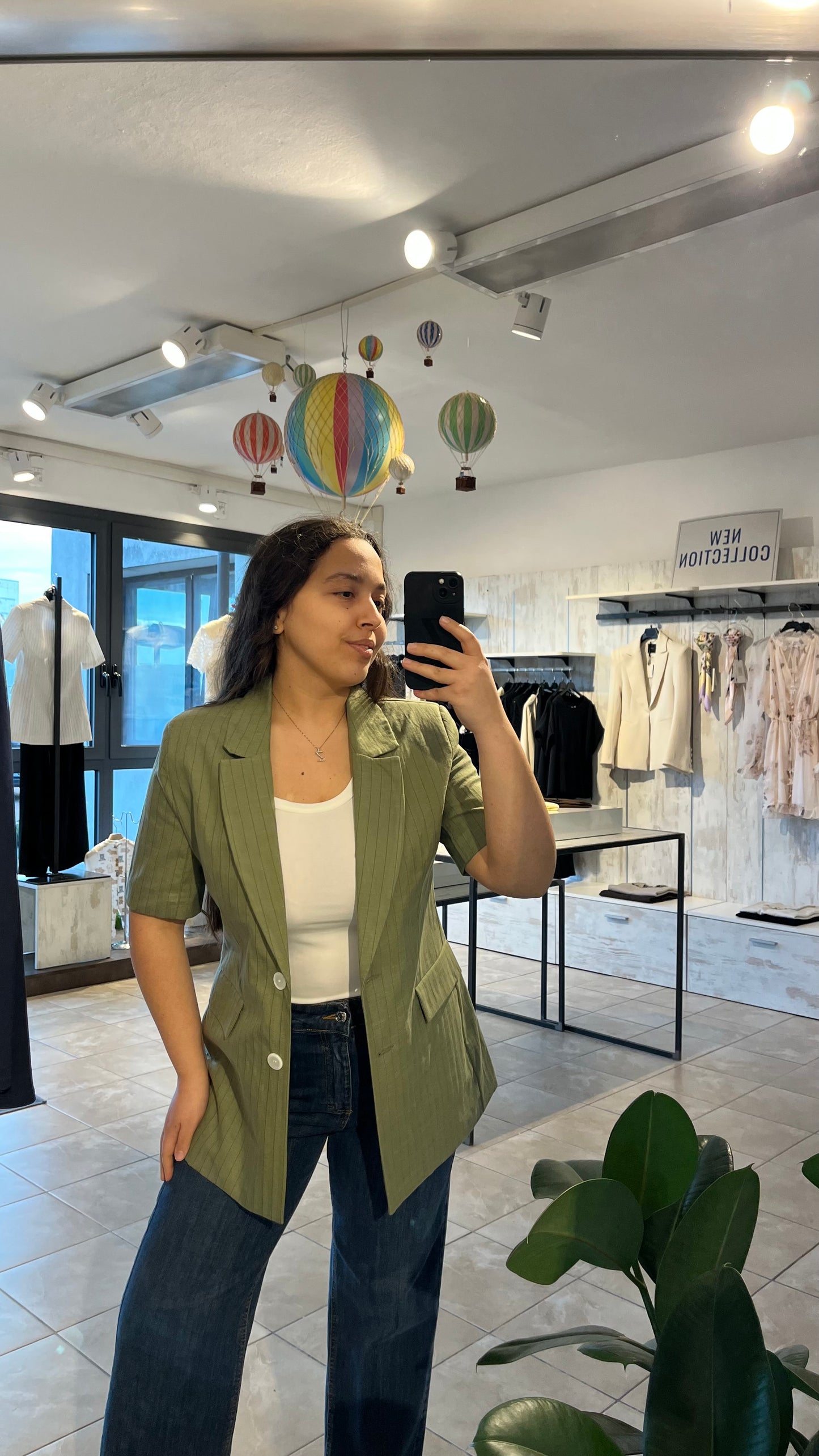 Blazer verde a righe con maniche corte in misto lino - Lumina