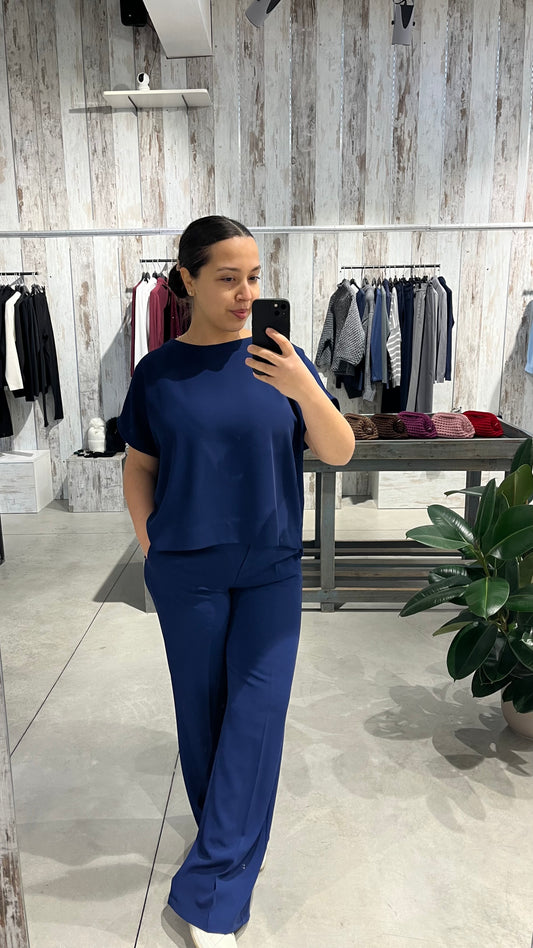 Pantaloni fluidi a palazzo con elastico sul retro blu - Altamira Milano