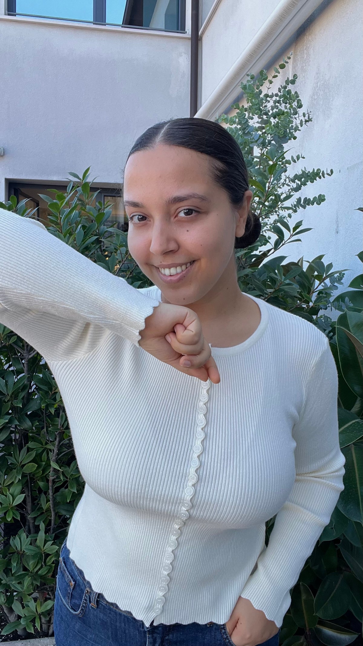 Maglia costina bottoni girocollo panna