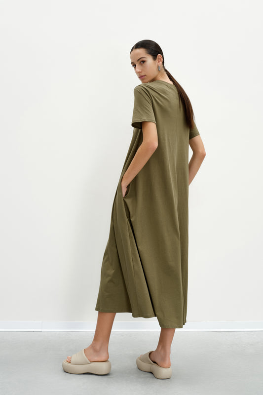 Abito verde lungo in cotone con tasche laterali - Lumina